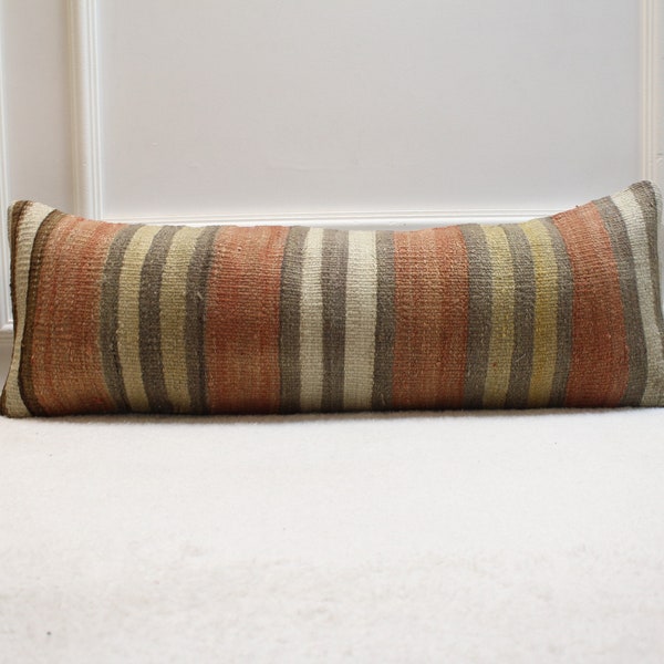 Striped Design Kilim Pillow, 12x36 inc Long Lumbar Pillow Case, Decorative Turkish rug Pillow, Bedroom Design Kilim Pillow, Long Pillow