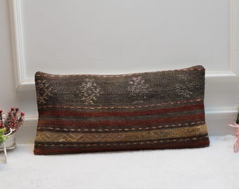Handgemaakte kelim lendekussensloop: bohowol, 12 x 24 inch