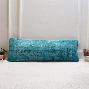 Turquoise Kilim Lumbar Pillow: Vintage Turkish Rug, Bohemian Decor (12x36)
