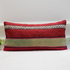 Red Turkish Kilim Lumbar Pillow – Vintage Rug Cushion Cover, 12x24 Inch