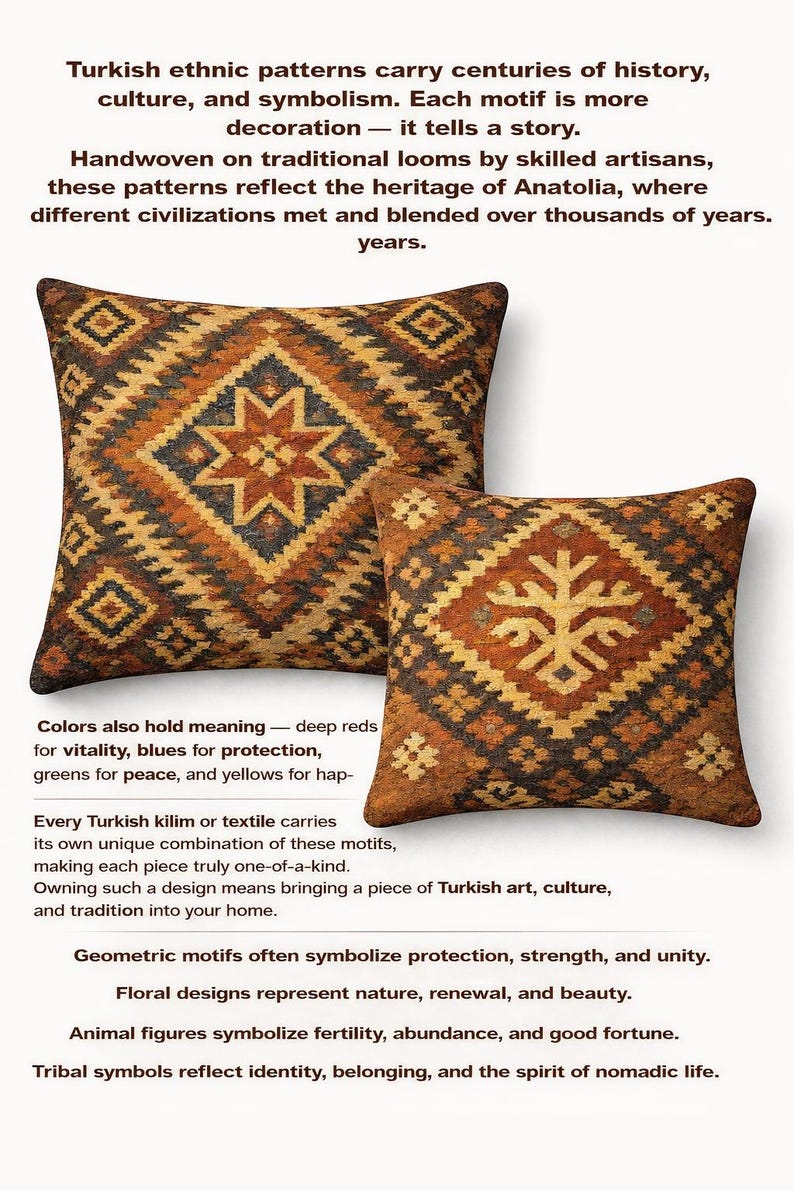 May include: Two square throw pillows featuring intricate geometric patterns in shades of rust, brown, gold, and dark blue. The larger pillow displays a central diamond motif, while the smaller pillow features a stylized floral-like emblem.