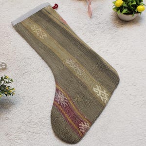 Handmade Gray Kilim Christmas Stocking: Vintage Wool Noel Decor