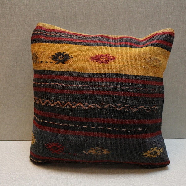Handmade Kilim Pillow Cover: Upcycled Woven Rug, Bohemian Decor (16x16 in