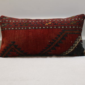 Handmade Red Kilim Lumbar Pillow Cover: Upcycled Woven Rug, 12x24 inch