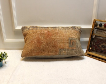 Handwoven Kilim Lumbar Pillow Cover: Upcycled Rug, Ethnic Design (12x24 in)
