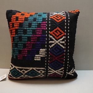 Handwoven Kilim Pillow Cover: Upcycled Wool Rug, Boho Decor (18x18 in