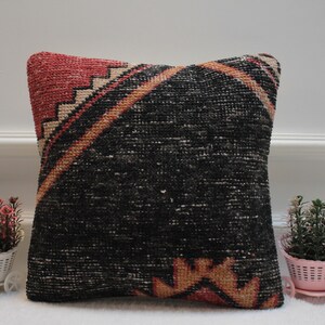 Handmade Kilim Pillow Cover: Upcycled Woven Rug, Black & Red (16x16 in)