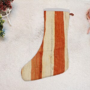 Handmade Orange & White Kilim Christmas Stocking: Boho Holiday Decor