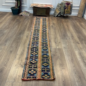 Vintage Turkish Runner Rug - 1.7x10.6 ft Handwoven Anatolian Hallway Rug - Long Boho Wool Kilim Oriental Corridor Carpet  Rustic Home Decor