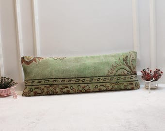 Green Kilim Lumbar Pillow Cover – Turkish Rug, Boho Home Decor (12x36”)