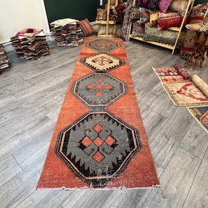 Orange Turkish Runner Rug, Floor Rug, Kitchen Rug, Bedroom Rug, Handmade Wool Rug, Bohemian Decor, Runner Carpet, Rug Runner, 2.8x10.3 ft