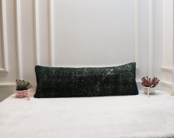 Poszewka na poduszkę lędźwiową Kilim Vintage 12x36 – leśnozielona poduszka z tureckiej wełny