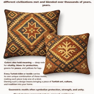 May include: Two square throw pillows with intricate Turkish patterns in shades of brown, orange, and dark blue. The pillows feature geometric and floral motifs, reflecting Anatolian heritage and culture.