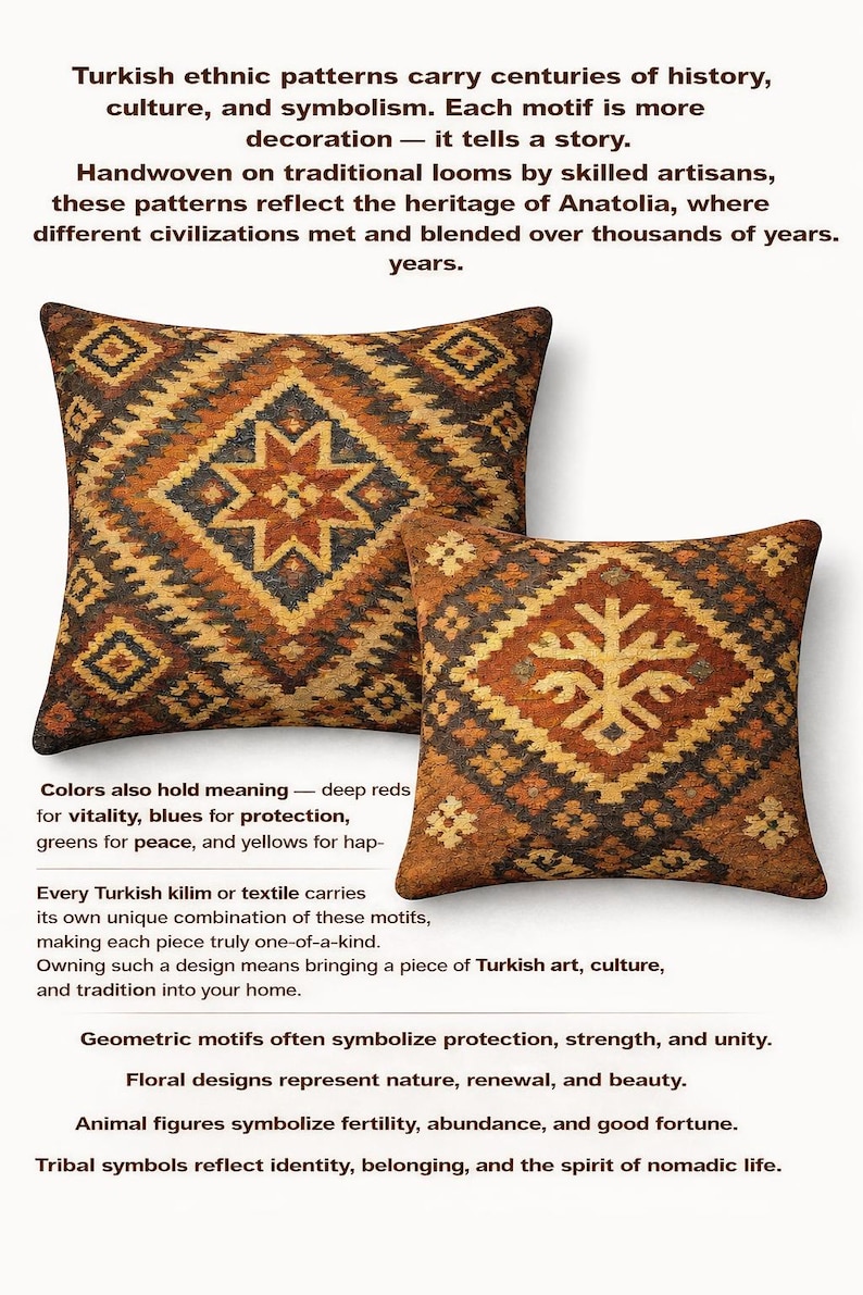 May include: Two square throw pillows with intricate Turkish patterns in shades of brown, orange, and dark blue. The pillows feature geometric and floral motifs, reflecting Anatolian heritage and culture.
