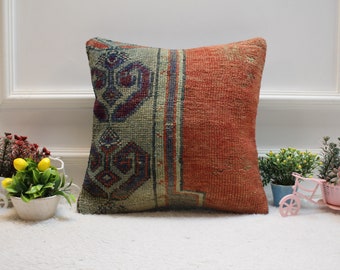 Vintage Turkish Rug Pillow Cover: 16x16 Square Kilim Pillow