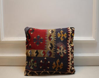 Vintage Turkish Kilim Pillow Cover | Handmade Rug Cushion with Tribal Geometric Patterns