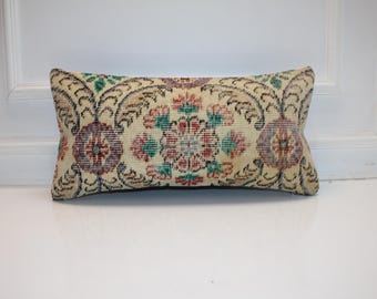 Antique Floral Lumbar Pillow 12x24, Handmade Turkish Rug Pillow Cover, Cottagecore Vintage Cushion