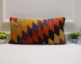 Kussensloop geometrisch kelim: regenboogwollen lendenkussen, 12 x 24 inch