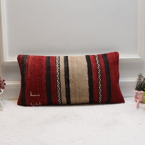Handmade Striped Kilim Pillow Cover: Red & Beige Boho Decor (12x24 in)