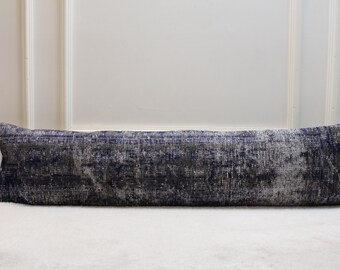 Ręcznie wykonany kilim, poszewka na poduszkę lędźwiową: tkany dywan w kolorze szaro-niebieskim, 12 x 48 cali