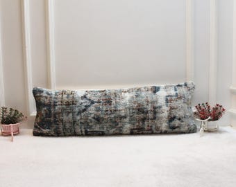 Handmade Kilim Lumbar Pillow – 12x36" Turkish Rug Cushion, Earthy Blues