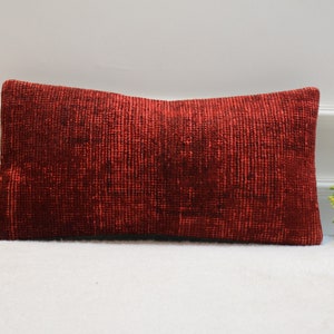 Red Turkish Kilim Lumbar Pillow – Handwoven Cushion Cover, 12x24 Inch