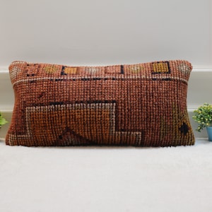 Handmade Red Kilim Lumbar Pillow Cover: Upcycled Woven Rug, 12x24 inch