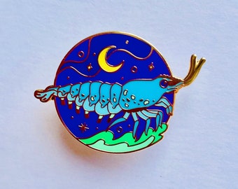 Blue Shrimp Enamel Pin badge, sea creatures badge, prawn, lunar sea, cosmic, gift for her, nautical gift, nature, marine, neon