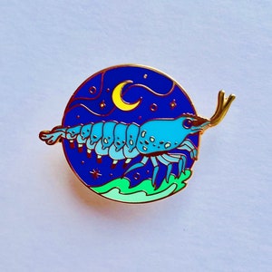 Blue Shrimp Enamel Pin badge, sea creatures badge, prawn, lunar sea, cosmic, gift for her, nautical gift, nature, marine, neon