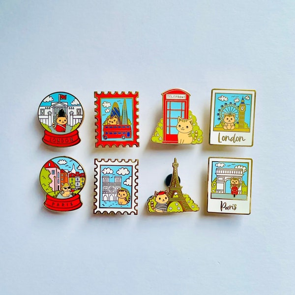 Paris Enamel pins | Pippi’s Holiday Vacation Pins | Paris Brooch | Notre Dame | Eiffel Tower souvenir pin | Arc de Triomphe | Sacre Coeur