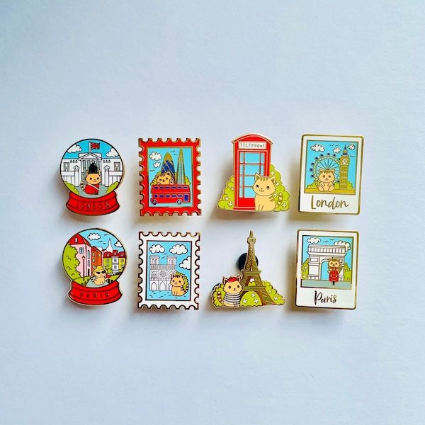 London and Paris Enamel pins | Pippi’s Holiday Vacation Pins | London Brooch | Paris pin | Eiffel Tower souvenir pin | Big Ben | Sacre Coeur