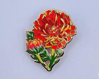 Floral Enamel Pin, Chrysanthemum, Orange Red (1.75in Lapel Badge), Christmas gift, stocking stuffer, Advent calendar
