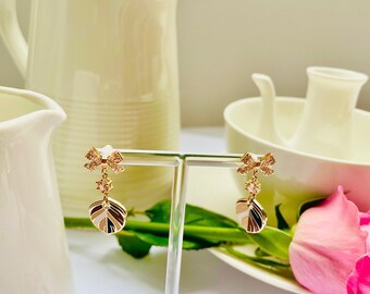 Sparkle bow mocha cream dangle drop cubic zirconia gold feather earrings, Gifts under 30, Mothers Day Gift, Bird-themed jewelry, Nature Gift