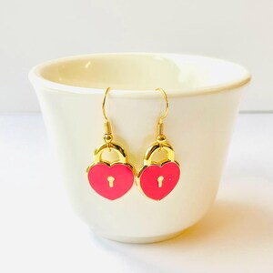 Pink Enamel Heart Padlock Earrings, Dangle or Stud (Gold Plated), Advent calendar