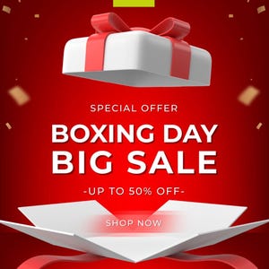 The image is an advertisement for a Boxing Day sale, featuring a white gift box with a red ribbon and confetti falling against a red background.