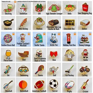 a collection of 24 different pin designs, each representing a unique theme or object. The pin designs include items such as stockings, a snowman, bells, a gift, a ugly sweater, a jumper, a Christmas box, a stolen item, a festive cocktail, a sled, a dark academy, a stack of books, a bow, an angel, a pint of beer, a sled, a pair of glasses, a tennis racket, a golf ball, an ice hockey stick, a bicycle, a baseball, a basketball, an American football, a soccer ball, and a rugby ball.