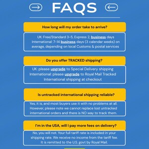 以下が含まれることがあります： 「Shipping & Delivery FAQs」のテキストが入った青色のグラフィック。配送時間、追跡、国際配送の信頼性に関する情報が含まれています。ブランド名「kanjani」が下部にあります。
