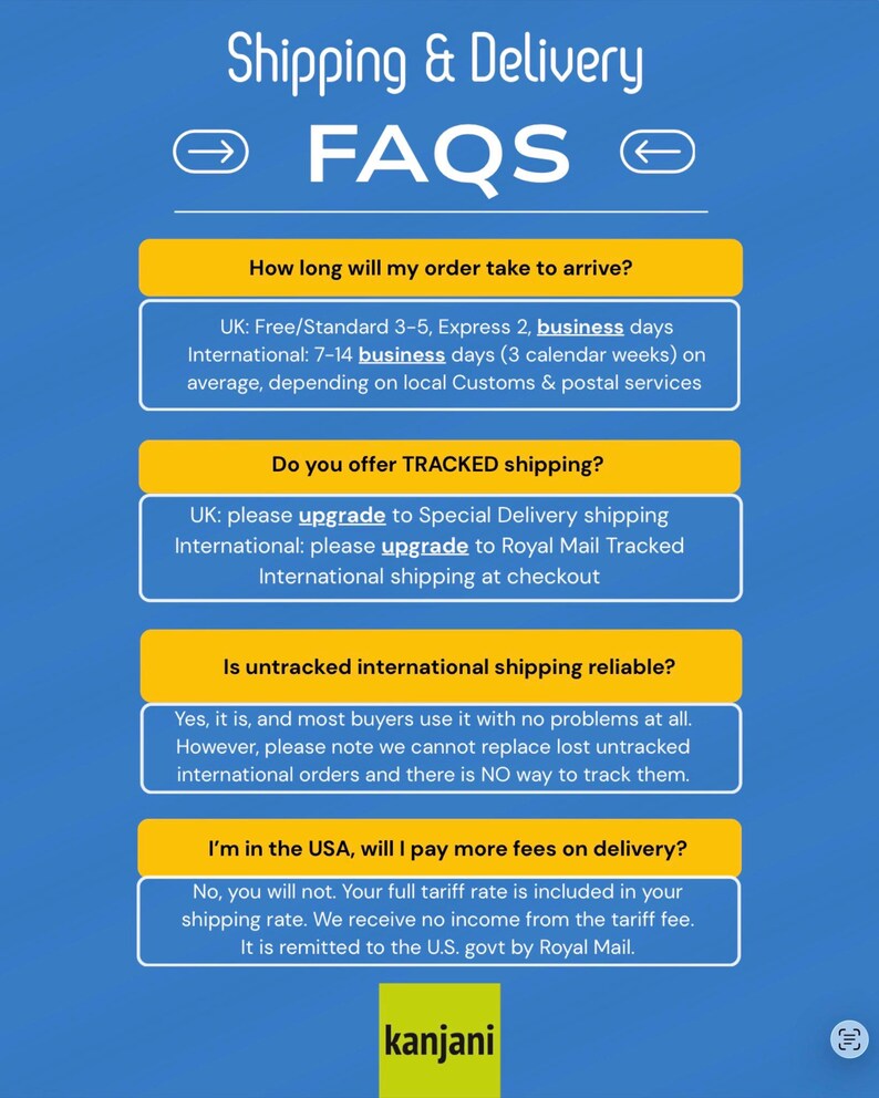 以下が含まれることがあります： 「Shipping & Delivery FAQs」のテキストが入った青色のグラフィック。配送時間、追跡、国際配送の信頼性に関する情報が含まれています。ブランド名「kanjani」が下部にあります。