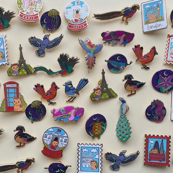 Choose 3 Kanjani hard enamel pins | Beautiful Birds | Sea Creatures | Pippi’s Holiday | Bird Lovers gift | Quetzal Macaw | London Souvenir
