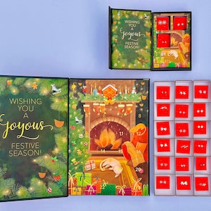 a festive holiday-themed box with a card and earrings, as well as a set of red boxes with earrings inside.