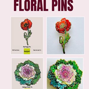 The image is a collage of four images featuring different floral pins. The pin on the left is a red flower, the pin in the middle is a red flower with green leaves, the pin on the right is a red flower with green leaves, and the pin on the bottom right is a green flower with pink leaves.