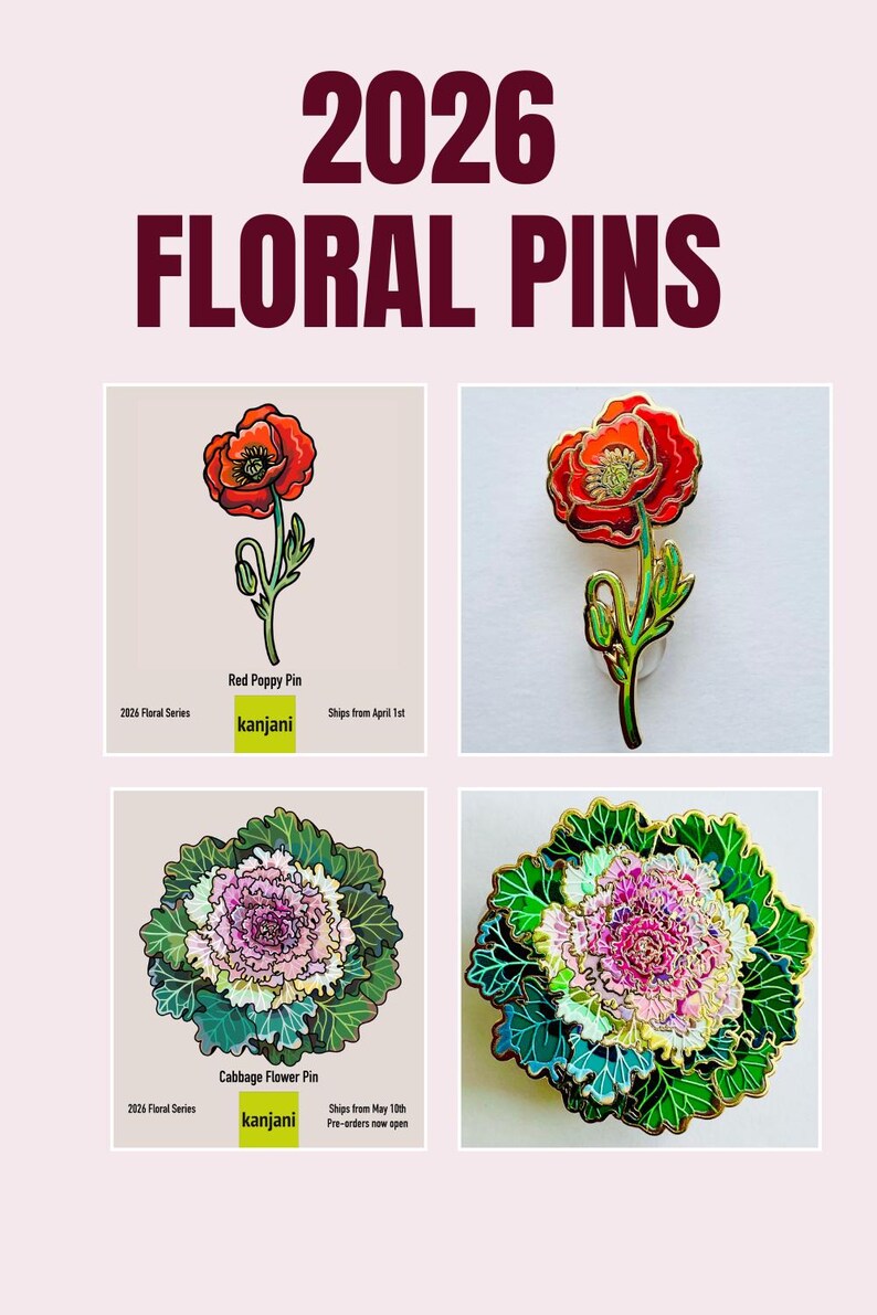 The image is a collage of four images featuring different floral pins. The pin on the left is a red flower, the pin in the middle is a red flower with green leaves, the pin on the right is a red flower with green leaves, and the pin on the bottom right is a green flower with pink leaves.