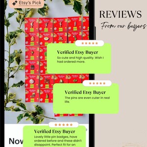 The image is a collage of three reviews from our buyers about the Etsy shop, specifically the Christmas Enamel Mini Pins. The reviews are about the quality of the pins and the satisfaction of the buyers.