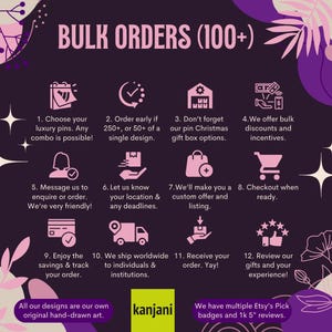 The image is a promotional graphic for a business called Kanjani, which offers bulk orders of custom pins. It features a variety of icons and text to guide customers through the process of placing orders, including choosing luxury pins, ordering early, receiving a gift box, and receiving a customized gift. The image also highlights the company's commitment to providing a personalized shopping experience and their extensive global reach.