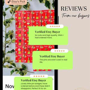 The image is a collage of three reviews from our buyers about the Etsy shop, specifically the Christmas Enamel Mini Pins. The reviews are about the quality of the pins and the satisfaction of the buyers.