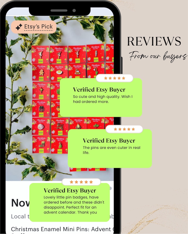 The image is a collage of three reviews from our buyers about the Etsy shop, specifically the Christmas Enamel Mini Pins. The reviews are about the quality of the pins and the satisfaction of the buyers.