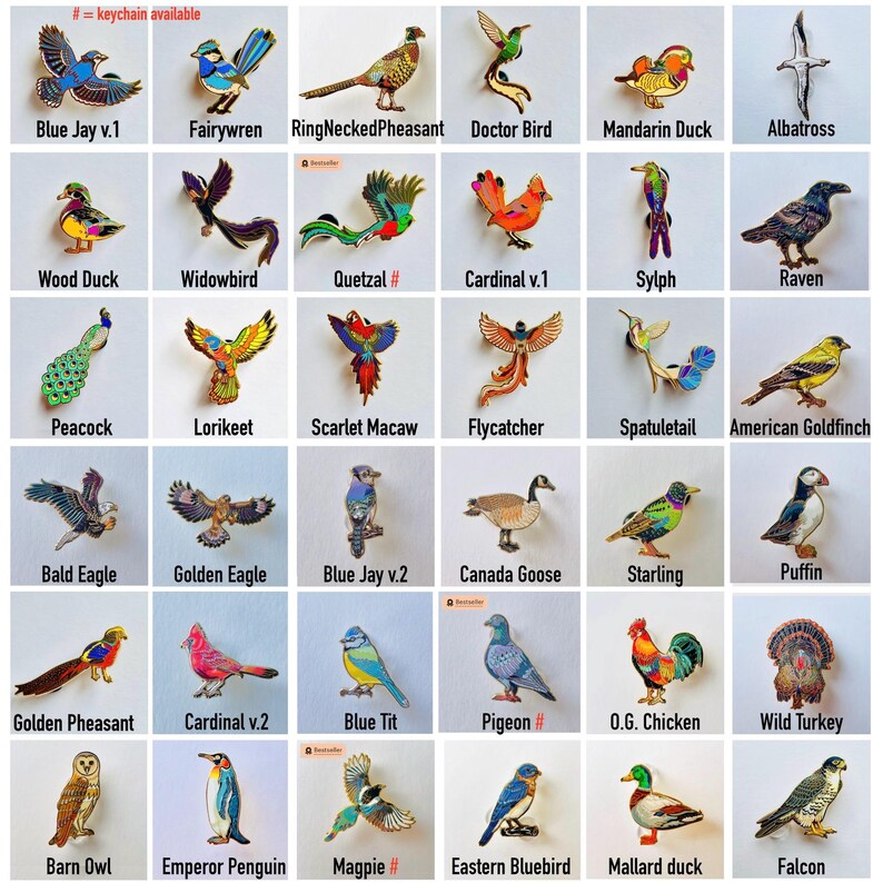 a collection of colorful bird pins, each featuring a different bird species. The birds are depicted in various poses and colors, showcasing their unique features and characteristics.
