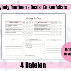 Puede incluir: Una lista de verificación imprimible para las rutinas de Flylady, con secciones para las rutinas de la mañana y la noche, la bendición del hogar y notas. La lista de verificación incluye los días de la semana y casillas de verificación para cada tarea. El texto "4 Dateien" está en la parte inferior de la página.