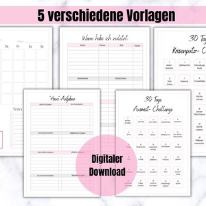 Könnte beinhalten: Fünf druckbare Planer-Vorlagen in Schwarzweiß mit rosa Akzenten. Die Vorlagen beinhalten einen Monatskalender, einen Wochenplaner, eine To-Do-Liste, eine Hausaufgabenliste und eine 30-Tage-Challenge.