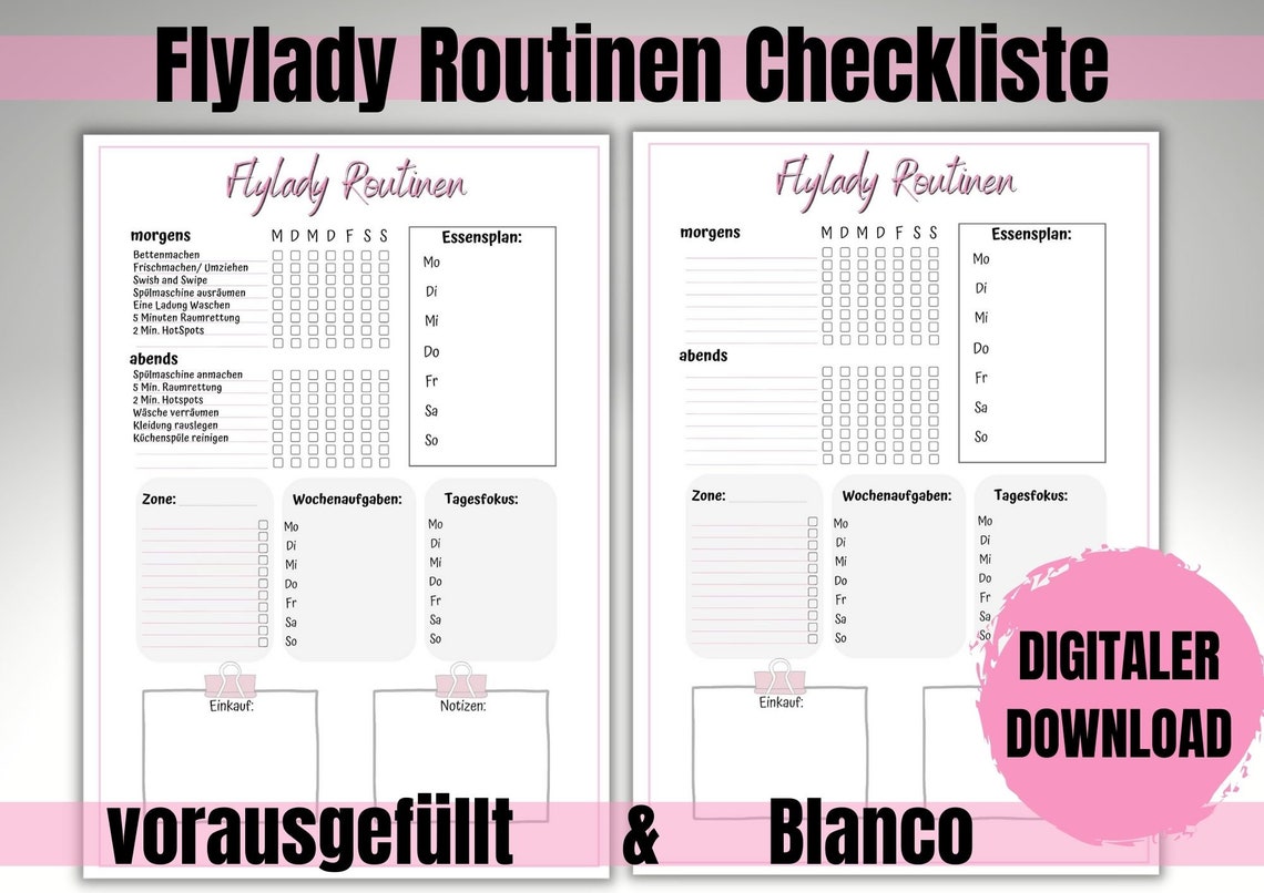 Flylady Routinen Checkliste, Wochenübersicht inkl. Essensplan